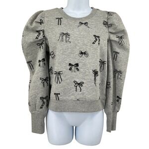 Maeve Anthropologie Womens Grey Embroidered Bow Puff Sleeve Sweatshirt Sz S